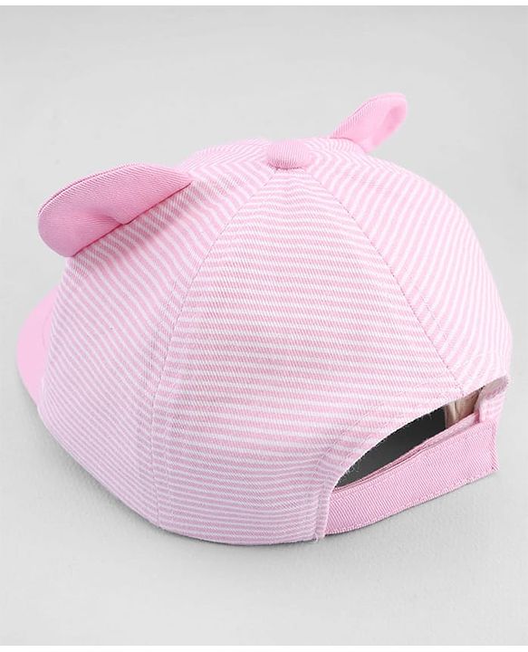 Babyhug Cotton Woven Baseball Cap With Face Embroidery & Ear Applique Pink - Diameter 15 cm