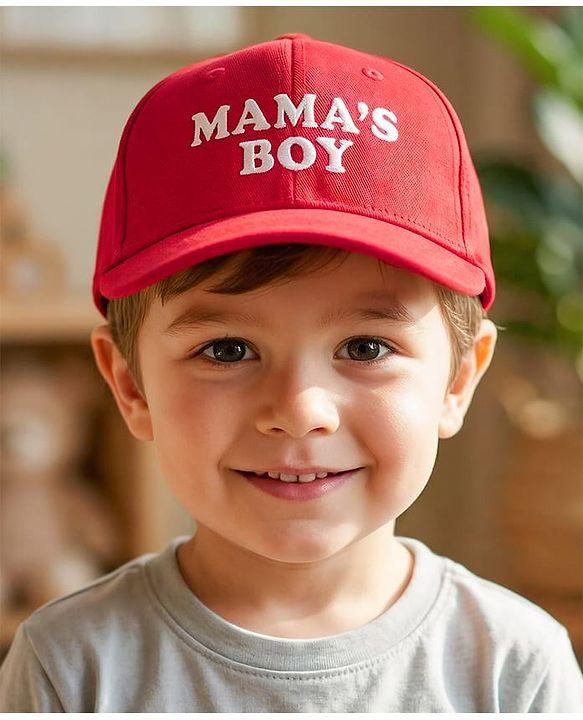 Babyhug Woven Baseball Cap With Mama's Boy Text Embroidery Red - Diameter 17.5 cm