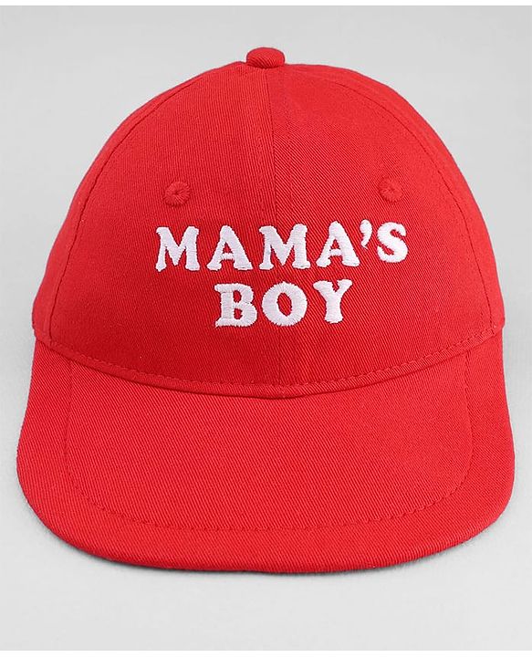 Babyhug Woven Baseball Cap With Mama's Boy Text Embroidery Red - Diameter 17.5 cm