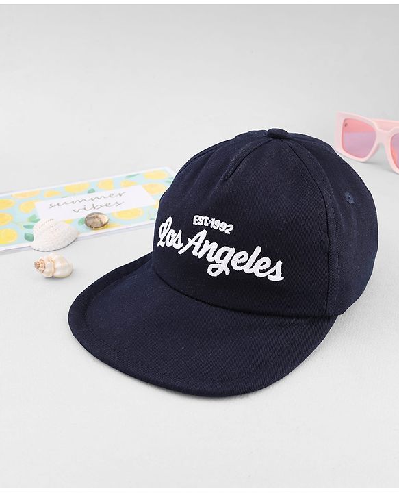 Babyhug Woven Baseball Cap With Los Angeles Text Embroidery Navy Blue - Diameter 17 cm