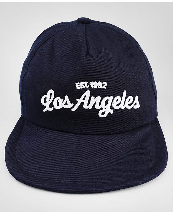 Babyhug Woven Baseball Cap With Los Angeles Text Embroidery Navy Blue - Diameter 17 cm
