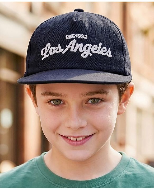 Babyhug Woven Baseball Cap With Los Angeles Text Embroidery Navy Blue - Diameter 17 cm