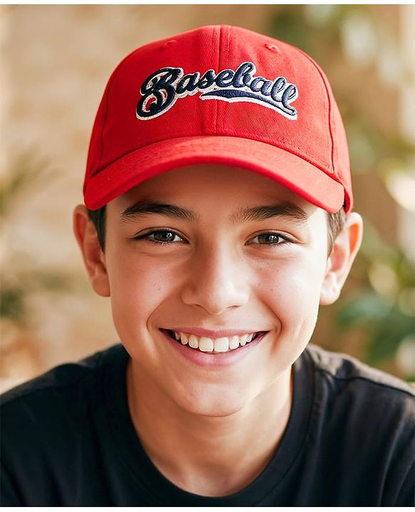 Babyhug Woven Baseball Cap With Text Embroidery Red - Diameter 17 cm