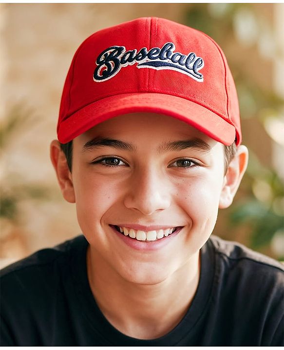 Babyhug Woven Baseball Cap With Text Embroidery Red - Diameter 18.5 cm