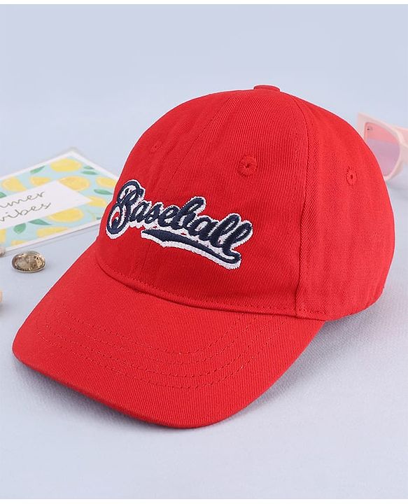 Babyhug Woven Baseball Cap With Text Embroidery Red - Diameter 18.5 cm