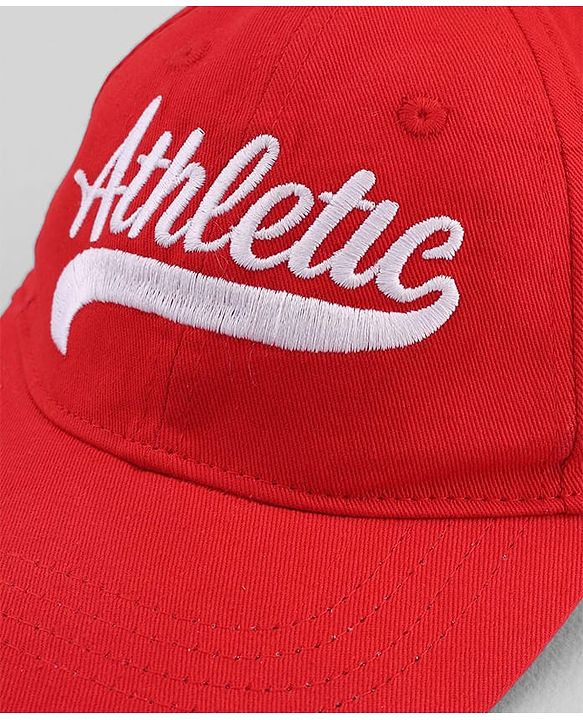 Babyhug Cotton Woven Baseball Cap With Athletic Text Embroidery Red - Diameter 17.5 cm