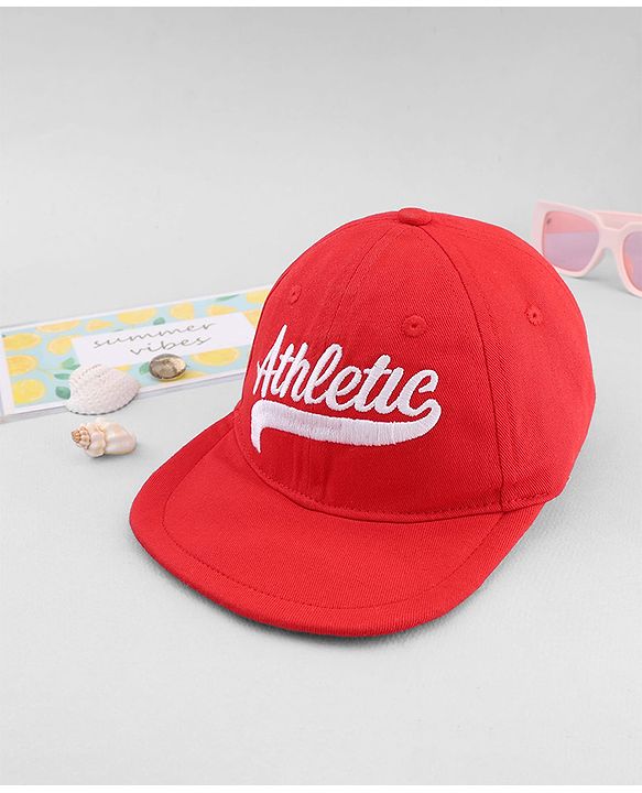 Babyhug 100% Cotton Woven Baseball Cap With Athletic Text Embroidery Red - Diameter 17.5 cm
