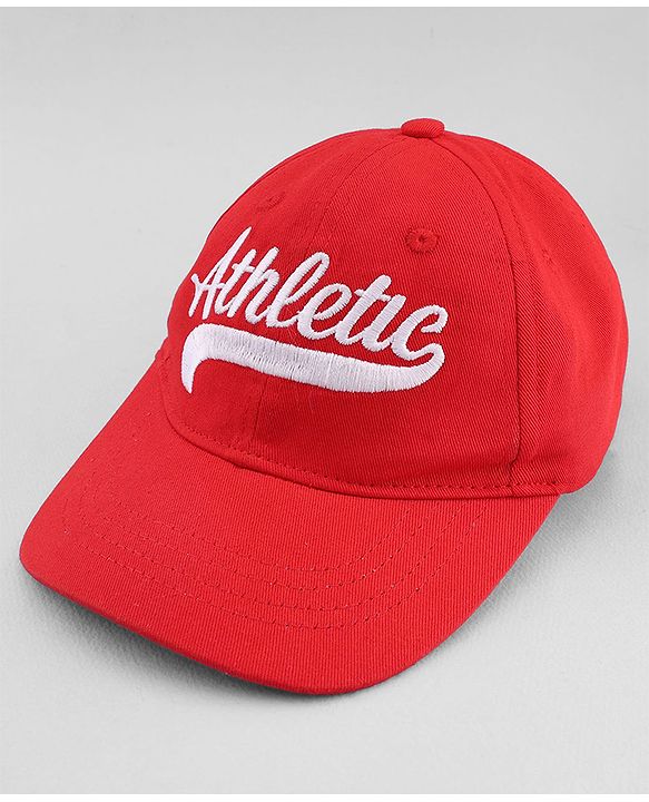 Babyhug 100% Cotton Woven Baseball Cap With Athletic Text Embroidery Red - Diameter 17.5 cm