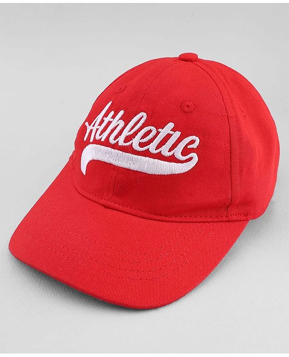 Babyhug 100% Cotton Woven Baseball Cap With Athletic Text Embroidery Red - Diameter 17.5 cm