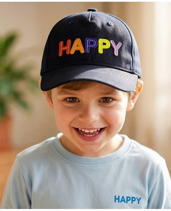 Babyhug Cotton Woven Baseball Cap With Text Embroidery Navy Blue - Diameter 16 cm