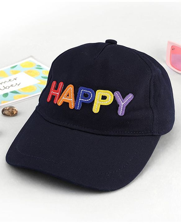 Babyhug Cotton Woven Baseball Cap With Text Embroidery Navy Blue - Diameter 16 cm