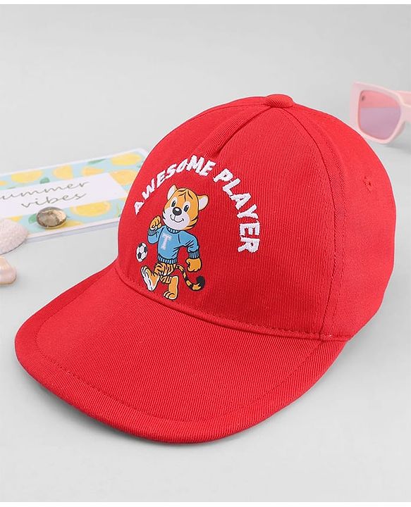 Babyhug Cotton Woven Baseball Cap With Animal Print & Embroidery Red - Diameter 16.5 cm