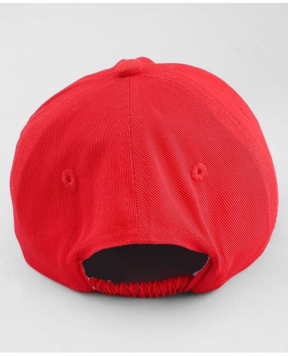 Babyhug Cotton Woven Baseball Cap With Animal Print & Embroidery Red - Diameter 16.5 cm