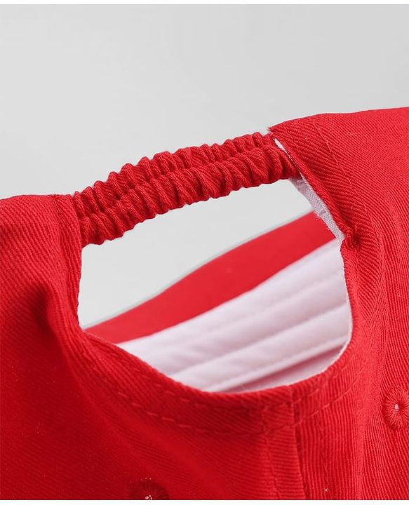 Babyhug Cotton Woven Baseball Cap With Animal Print & Embroidery Red - Diameter 16.5 cm