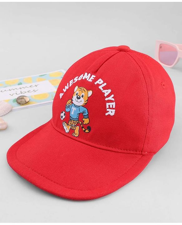 Babyhug 100% Cotton Woven Baseball Cap With Animal Print & Embroidery Red - Diameter 17 cm