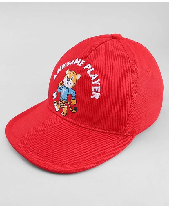 Babyhug 100% Cotton Woven Baseball Cap With Animal Print & Embroidery Red - Diameter 17 cm