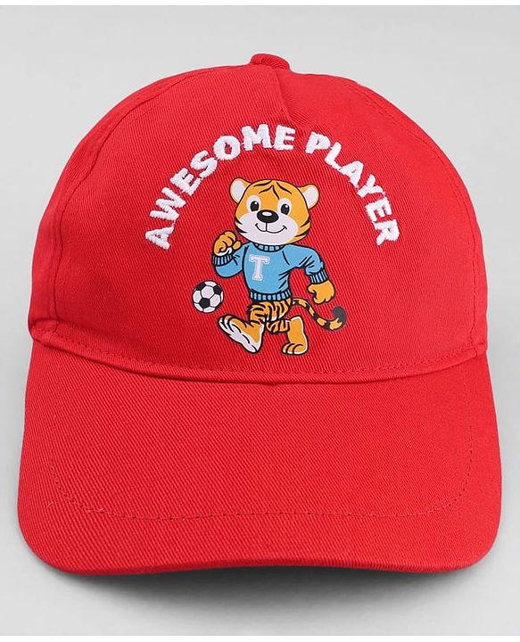 Babyhug 100% Cotton Woven Baseball Cap With Animal Print & Embroidery Red - Diameter 17 cm