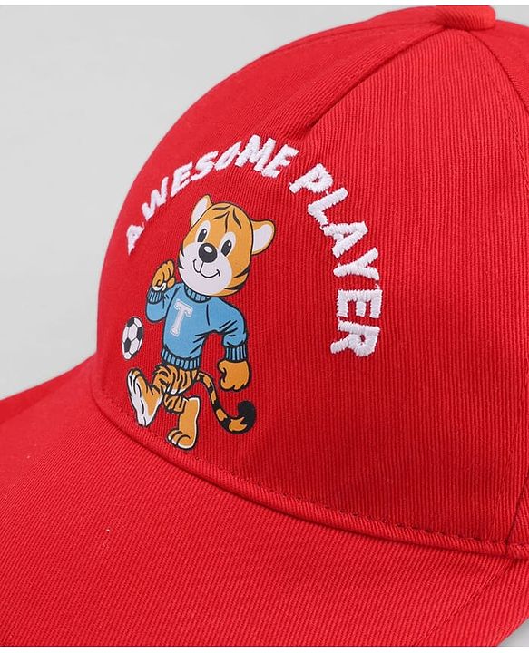 Babyhug 100% Cotton Woven Baseball Cap With Animal Print & Embroidery Red - Diameter 17 cm