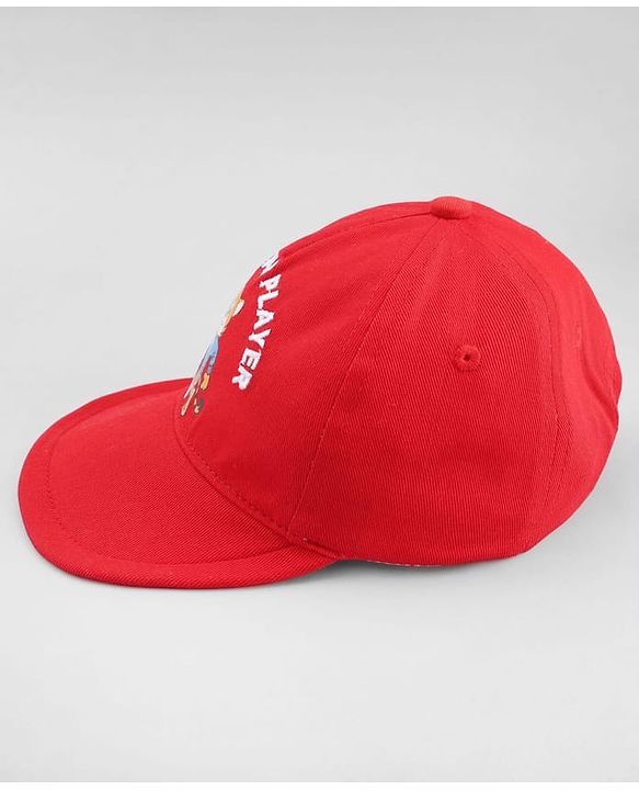 Babyhug 100% Cotton Woven Baseball Cap With Animal Print & Embroidery Red - Diameter 17 cm