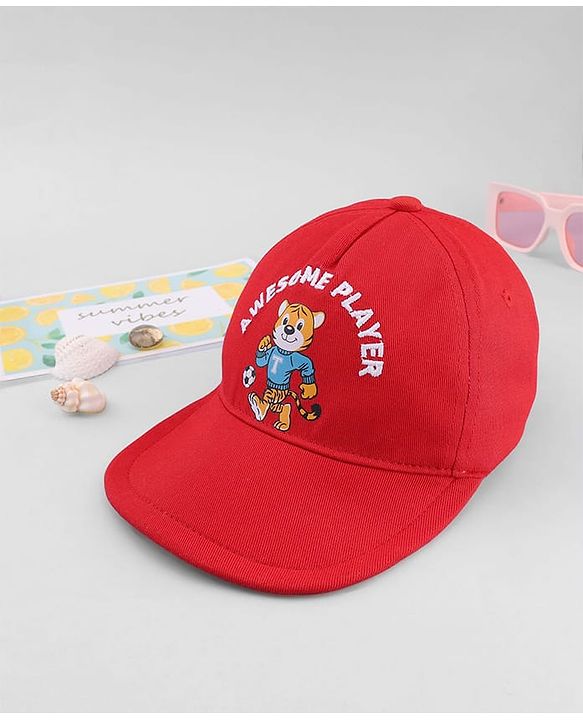 Babyhug Cotton Woven Baseball Cap With Animal Print & Embroidery Red - Diameter 17.5 cm