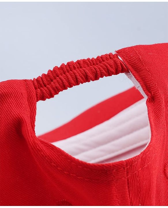 Babyhug Cotton Woven Baseball Cap With Animal Print & Embroidery Red - Diameter 17.5 cm