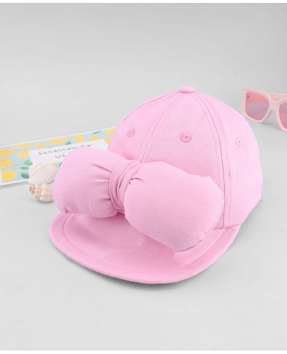 Babyhug Cotton Woven Baseball Cap with Bow Applique Pink- Diameter 19 cm