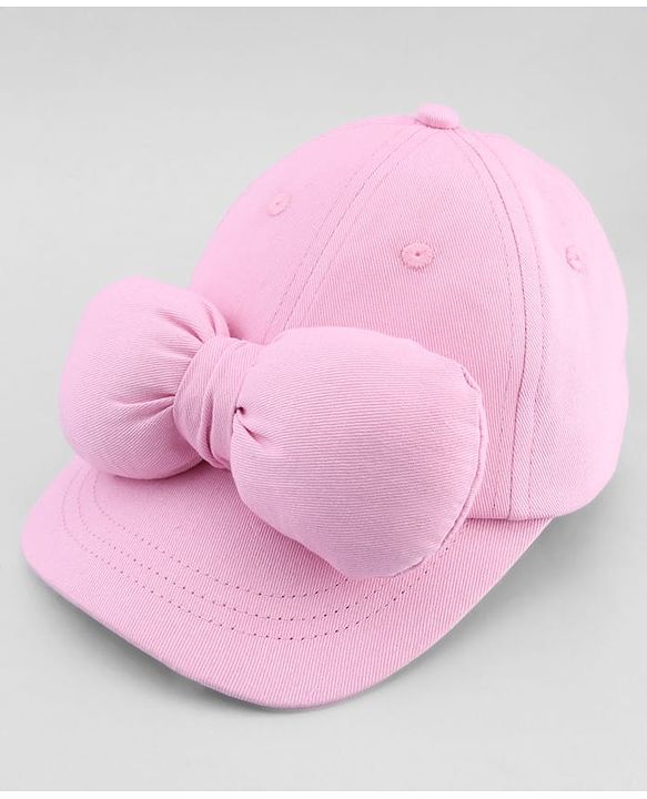 Babyhug Cotton Woven Baseball Cap with Bow Applique Pink- Diameter 19 cm