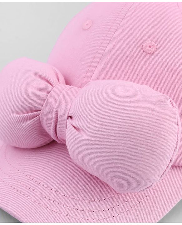 Babyhug Cotton Woven Baseball Cap with Bow Applique Pink- Diameter 19 cm