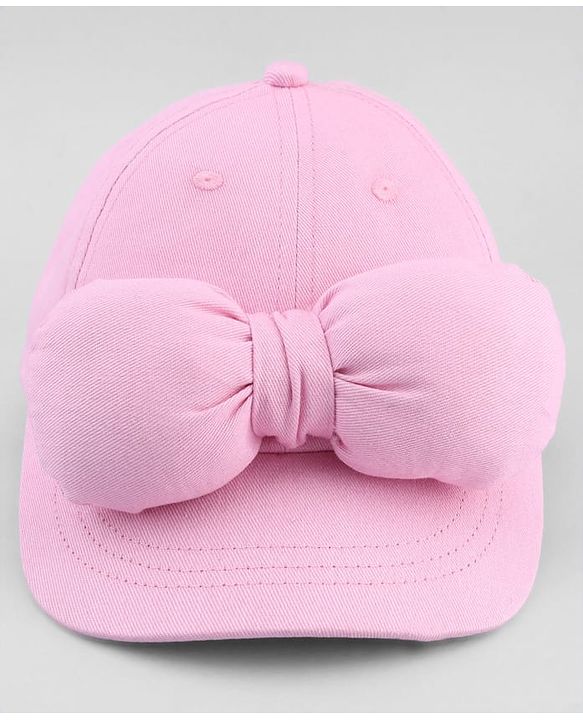 Babyhug Cotton Woven Baseball Cap with Bow Applique Pink- Diameter 19 cm