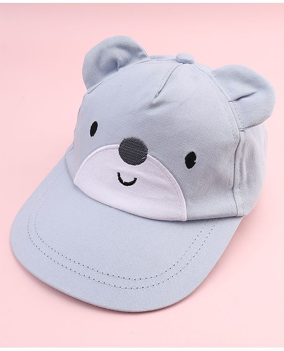 Babyhug 100% Cotton Woven Baseball Cap With Face Embroidery & Ear Blue - Diameter 20 cm
