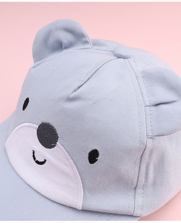 Babyhug 100% Cotton Woven Baseball Cap With Face Embroidery & Ear Blue - Diameter 20 cm
