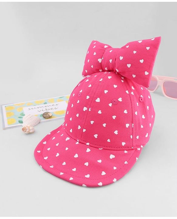 Babyhug Cotton Woven Baseball Cap with Heart Print & Bow Applique Pink- Diameter 18 cm