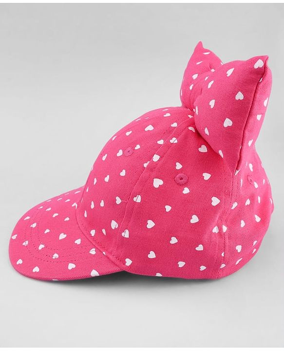 Babyhug Cotton Woven Baseball Cap with Heart Print & Bow Applique Pink- Diameter 18 cm