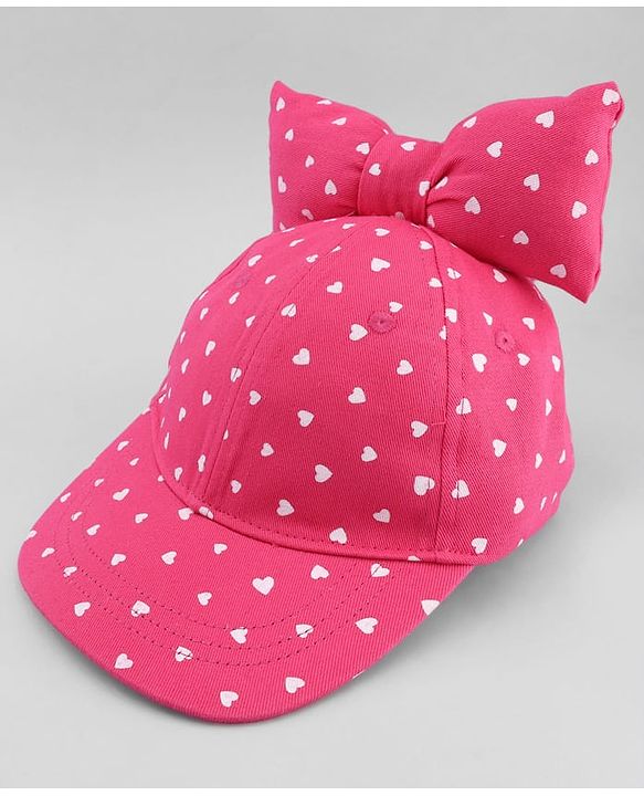 Babyhug Cotton Woven Baseball Cap with Heart Print & Bow Applique Pink- Diameter 18 cm