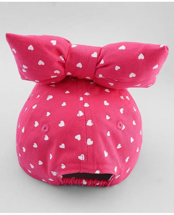 Babyhug Cotton Woven Baseball Cap with Heart Print & Bow Applique Pink- Diameter 18 cm