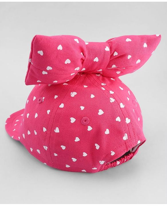 Babyhug Cotton Woven Baseball Cap with Heart Print & Bow Applique Pink- Diameter 18 cm