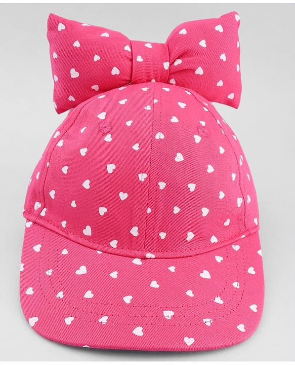 Babyhug Cotton Woven Baseball Cap with Heart Print & Bow Applique Pink- Diameter 18 cm