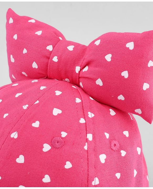Babyhug Cotton Woven Baseball Cap with Heart Print & Bow Applique Pink- Diameter 18 cm