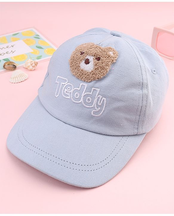 Babyhug Cotton Woven Baseball Cap With Teddy Embroidery Blue - Diameter 20.5 cm