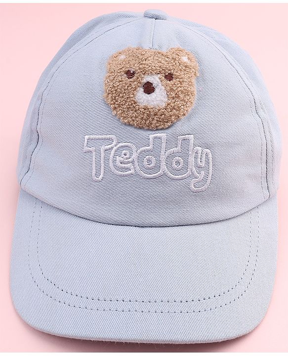 Babyhug Cotton Woven Baseball Cap With Teddy Embroidery Blue - Diameter 20.5 cm