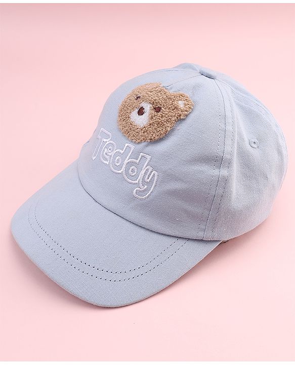 Babyhug Cotton Woven Baseball Cap With Teddy Embroidery Blue - Diameter 20.5 cm