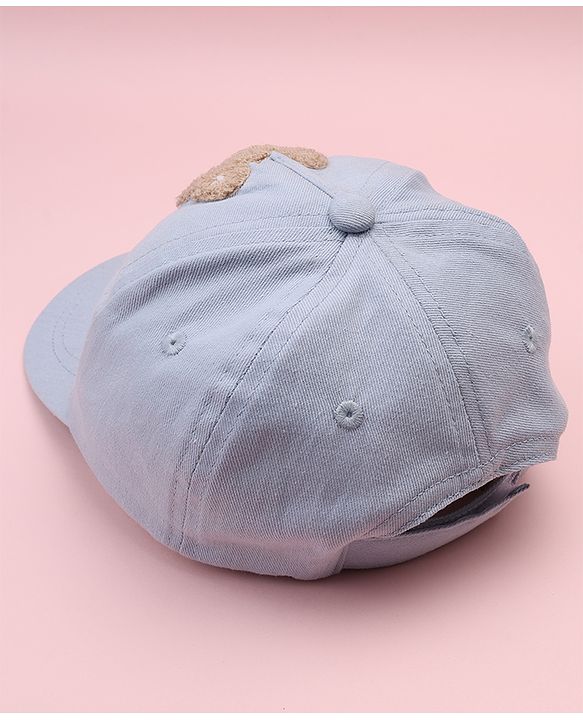 Babyhug Cotton Woven Baseball Cap With Teddy Embroidery Blue - Diameter 20.5 cm