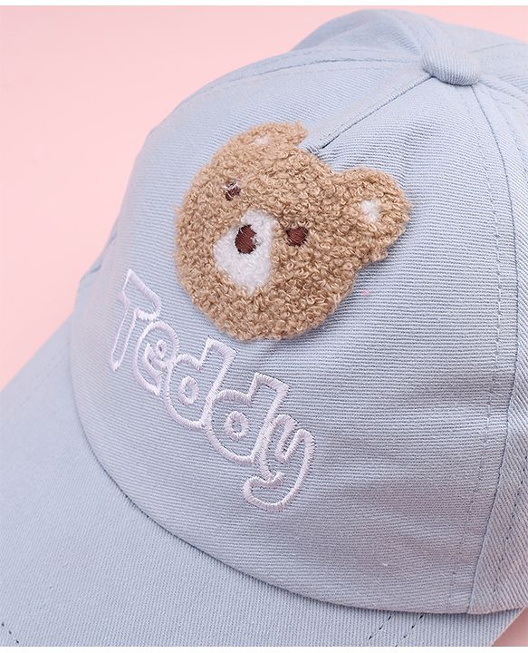 Babyhug Cotton Woven Baseball Cap With Teddy Embroidery Blue - Diameter 20.5 cm