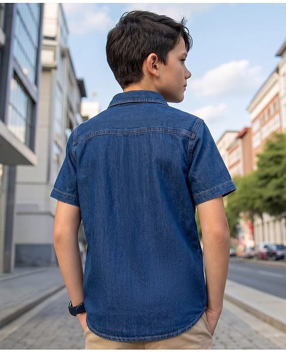 Pine Kids Solid Denim Shirt with Pockets - Dark Blue