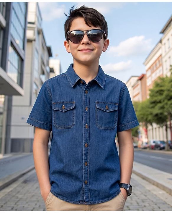 Pine Kids Solid Denim Shirt with Pockets - Dark Blue