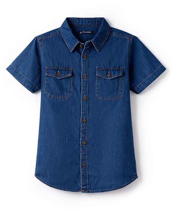 Pine Kids Solid Denim Shirt with Pockets - Dark Blue