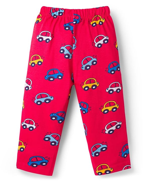 Babyhug Cotton Knit Half Sleeves Car Printed Co-Ord T-Shirt & Pyjama Night Suit - Red