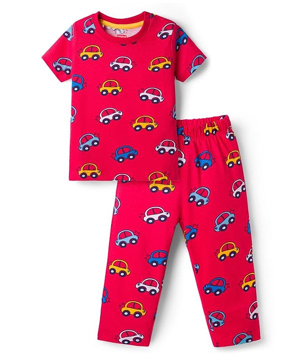 Babyhug Cotton Knit Half Sleeves Car Printed Co-Ord T-Shirt & Pyjama Night Suit - Red
