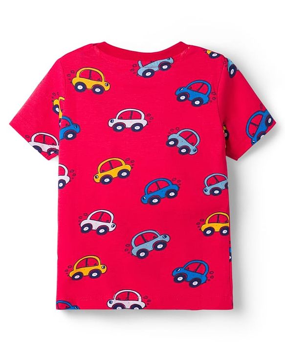 Babyhug Cotton Knit Half Sleeves Car Printed Co-Ord T-Shirt & Pyjama Night Suit - Red