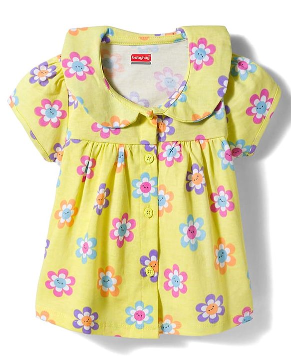 Babyhug Cotton Knit Half Sleeves Co-ords Front Open Top & Pajama Night Suit with Floral Print & Bow Applique - Yellow